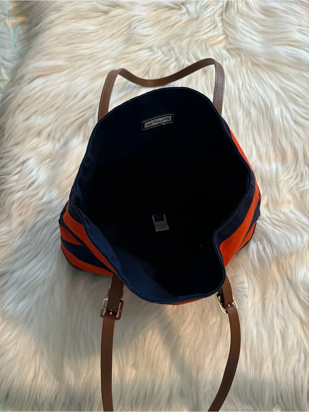 Janie and Jack Navy and Orange Striped Canvas Tote with Brown Handles